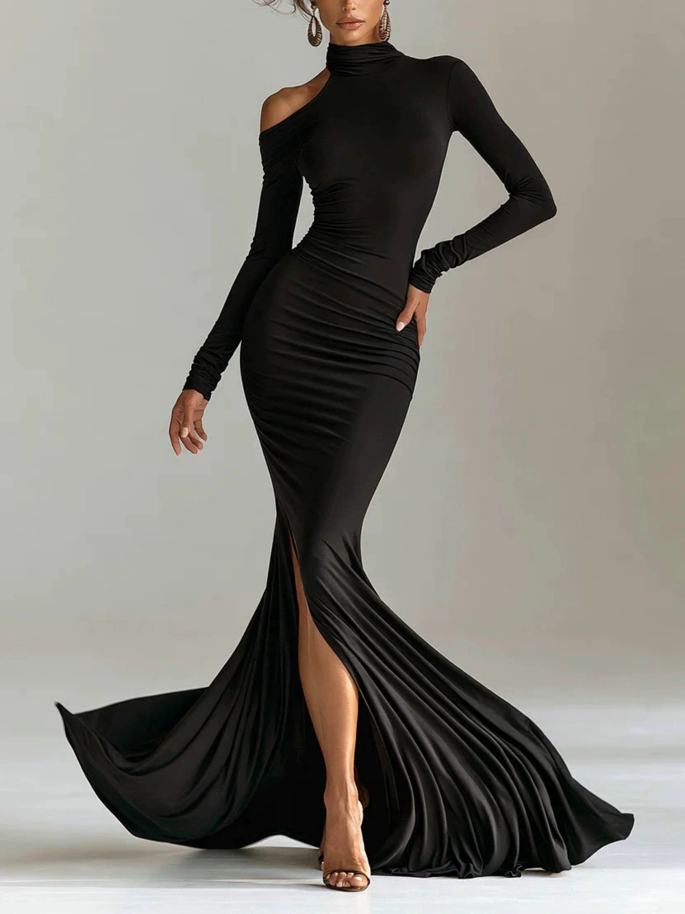 ZARA High Neck One Shoulder Long Sleeve Mermaid Dress Ruched Slit Floor Length